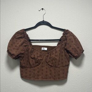Hollister Brown Eyelet Puff Sleeve Crop Top